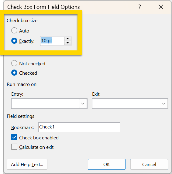 Shows the checkbox size options window in Word.