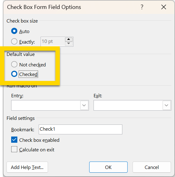 Shows the checkbox value options window in Word.