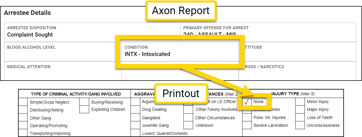 Shows an example of using the excludes operator in a Print Template mapping.