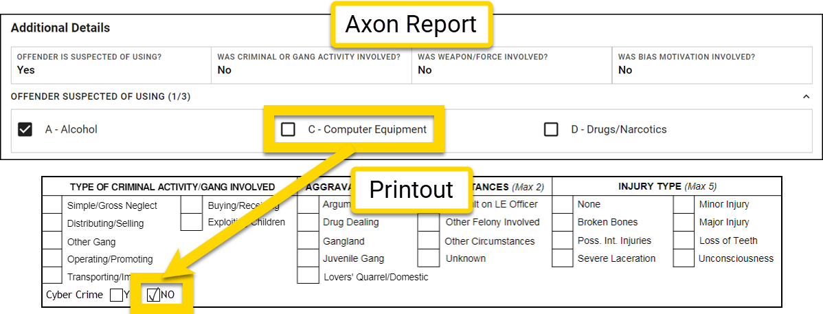Shows an example of using the excludes operator in a Print Template mapping.