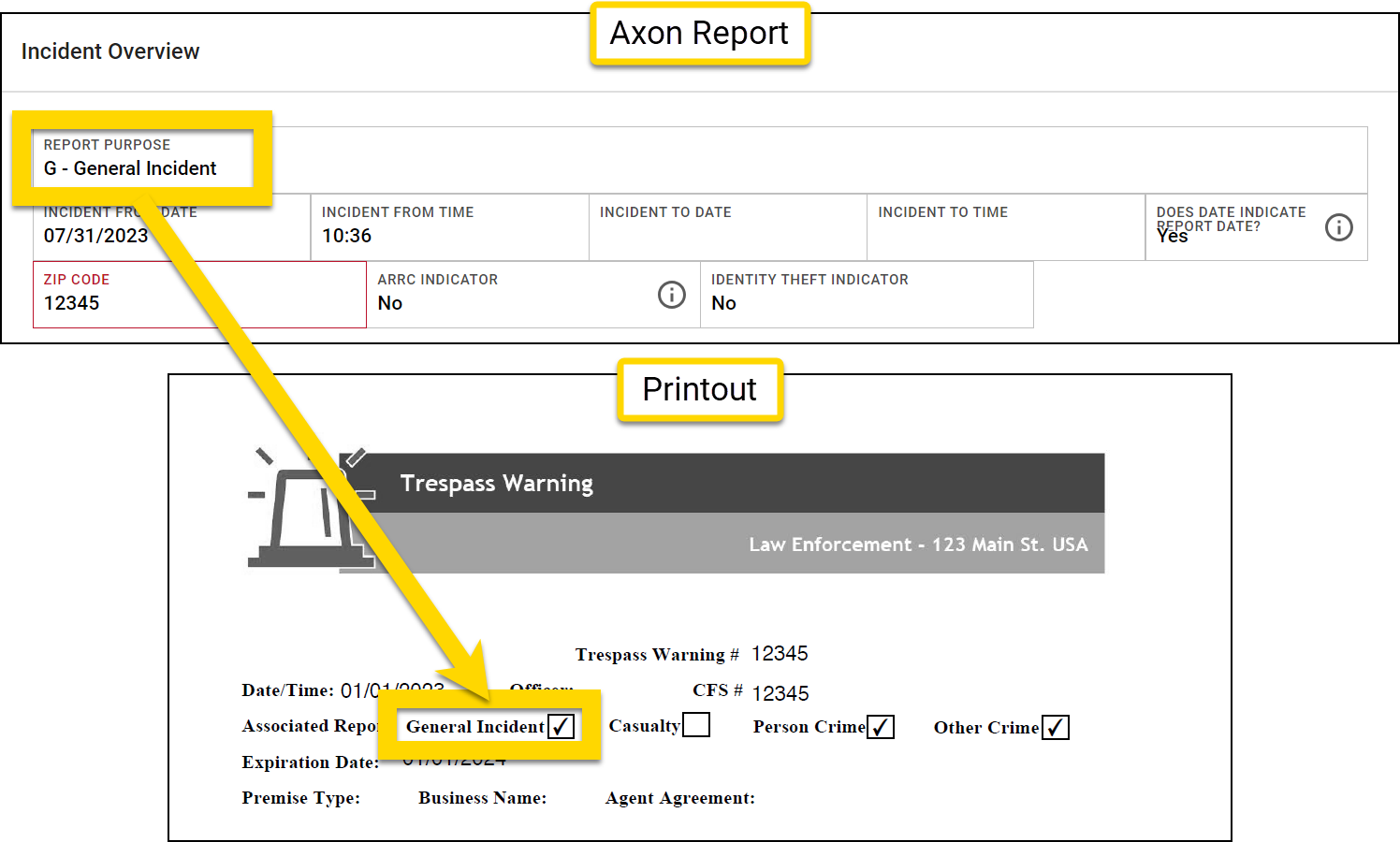 Shows an example of using the includes operator in a Print Template mapping.