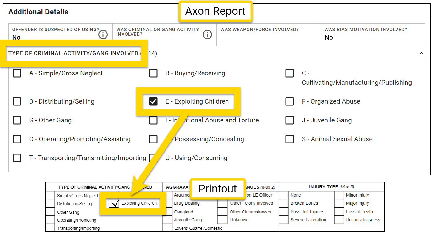 Shows an example of using the includes operator in a Print Template mapping.