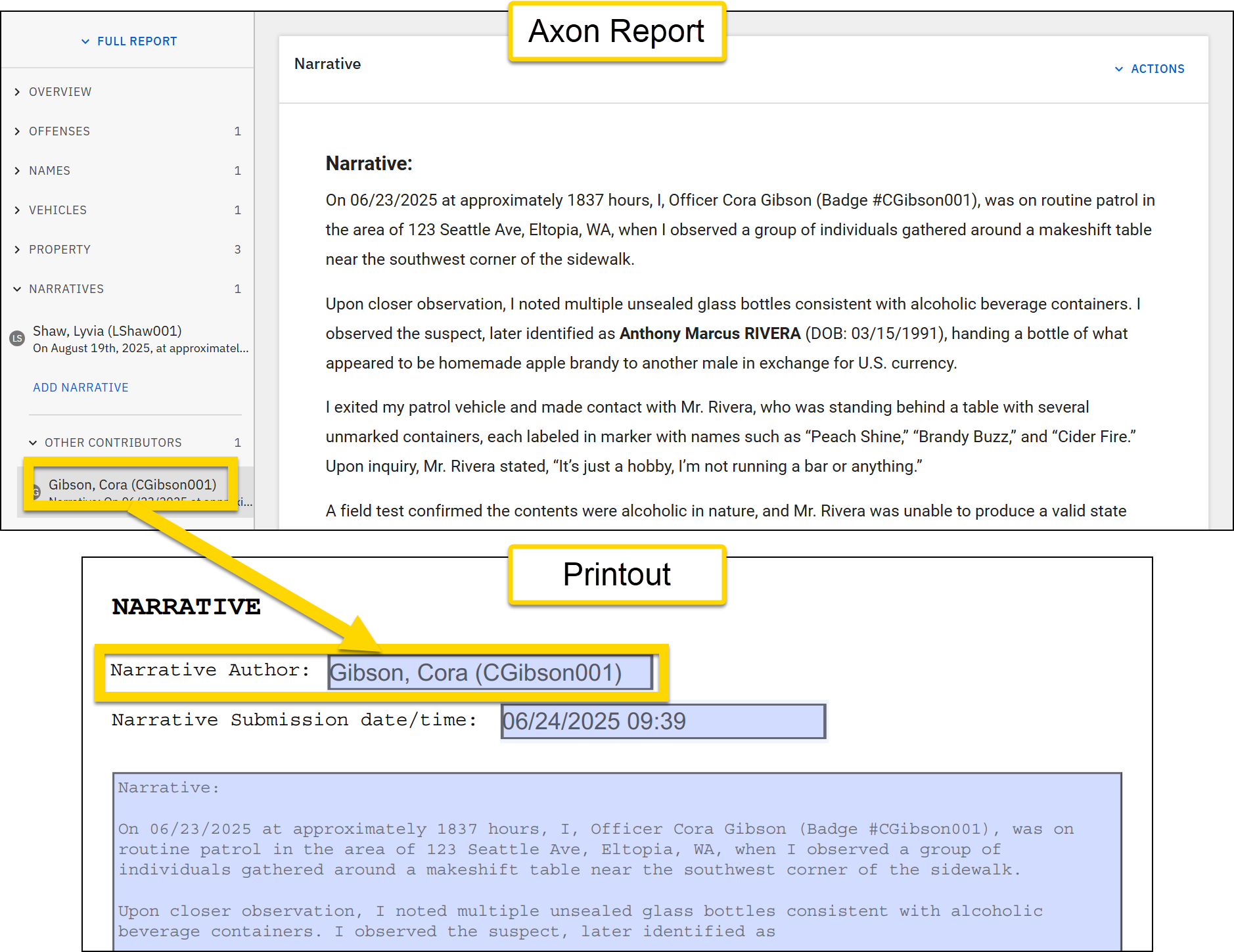 Shows how to print the narrative's author name.