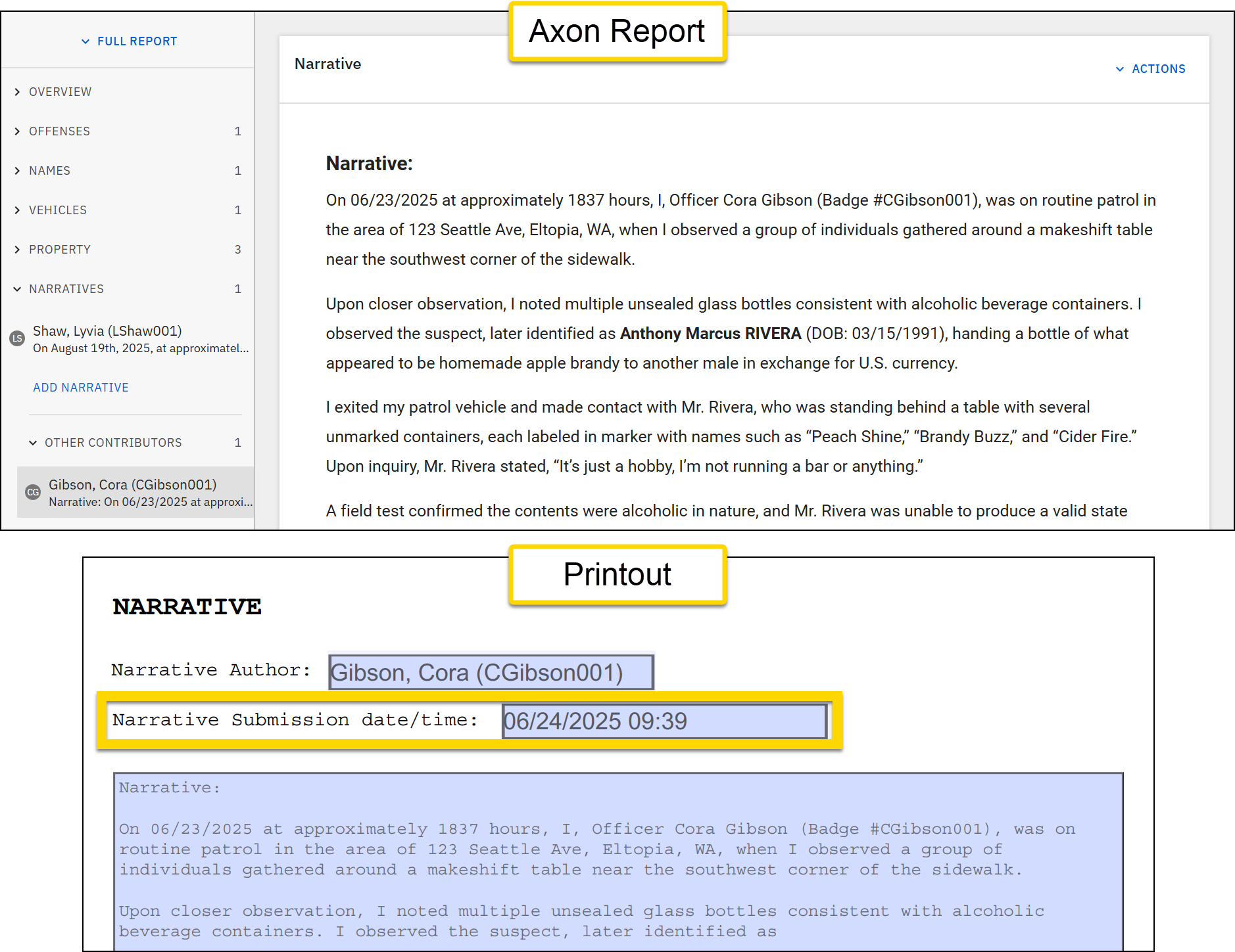 Shows how to print the narrative's submission date and time.