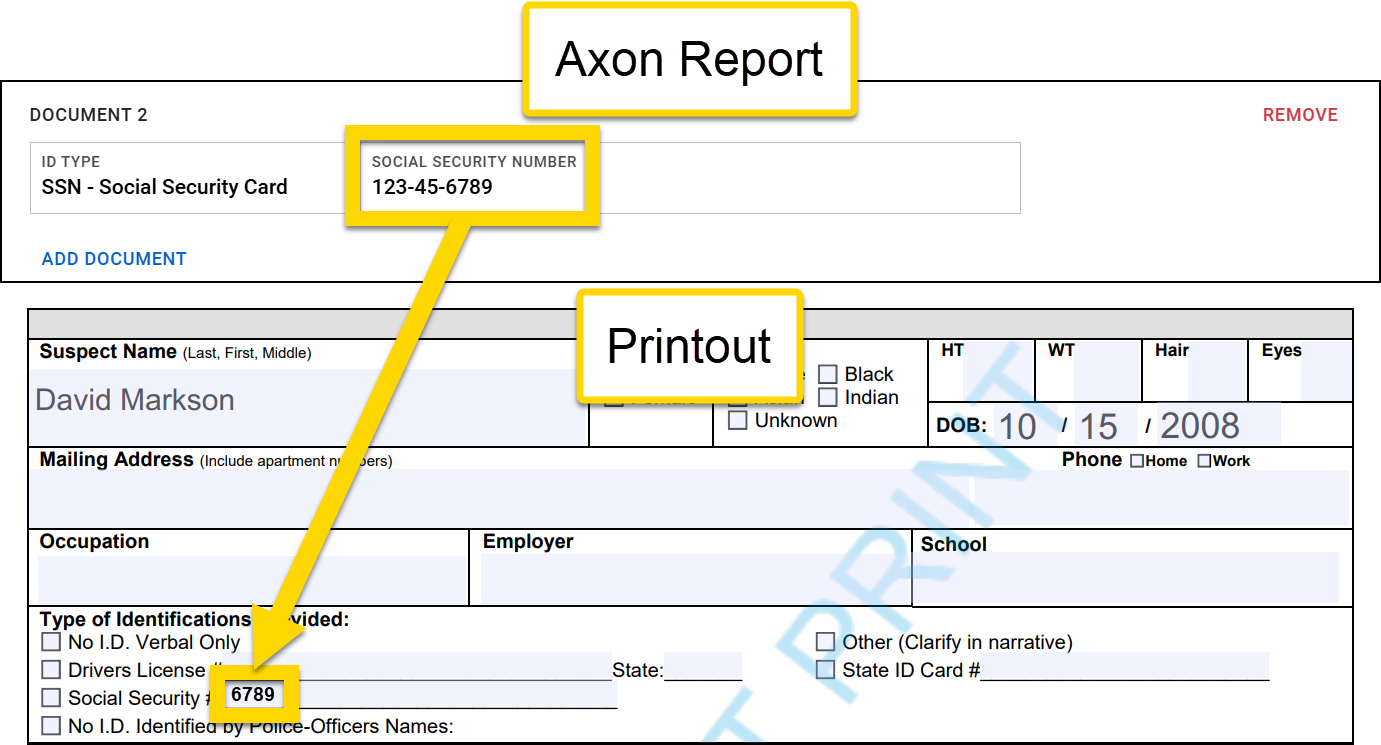 The image shows a comparison of a Social Security number entry between an Axon report and a printed form. The Axon report displays the full number, while the printout only shows the last four digits in the Social Security section. A yellow highlight emphasizes these digits and visually links the two documents to show data consistency.