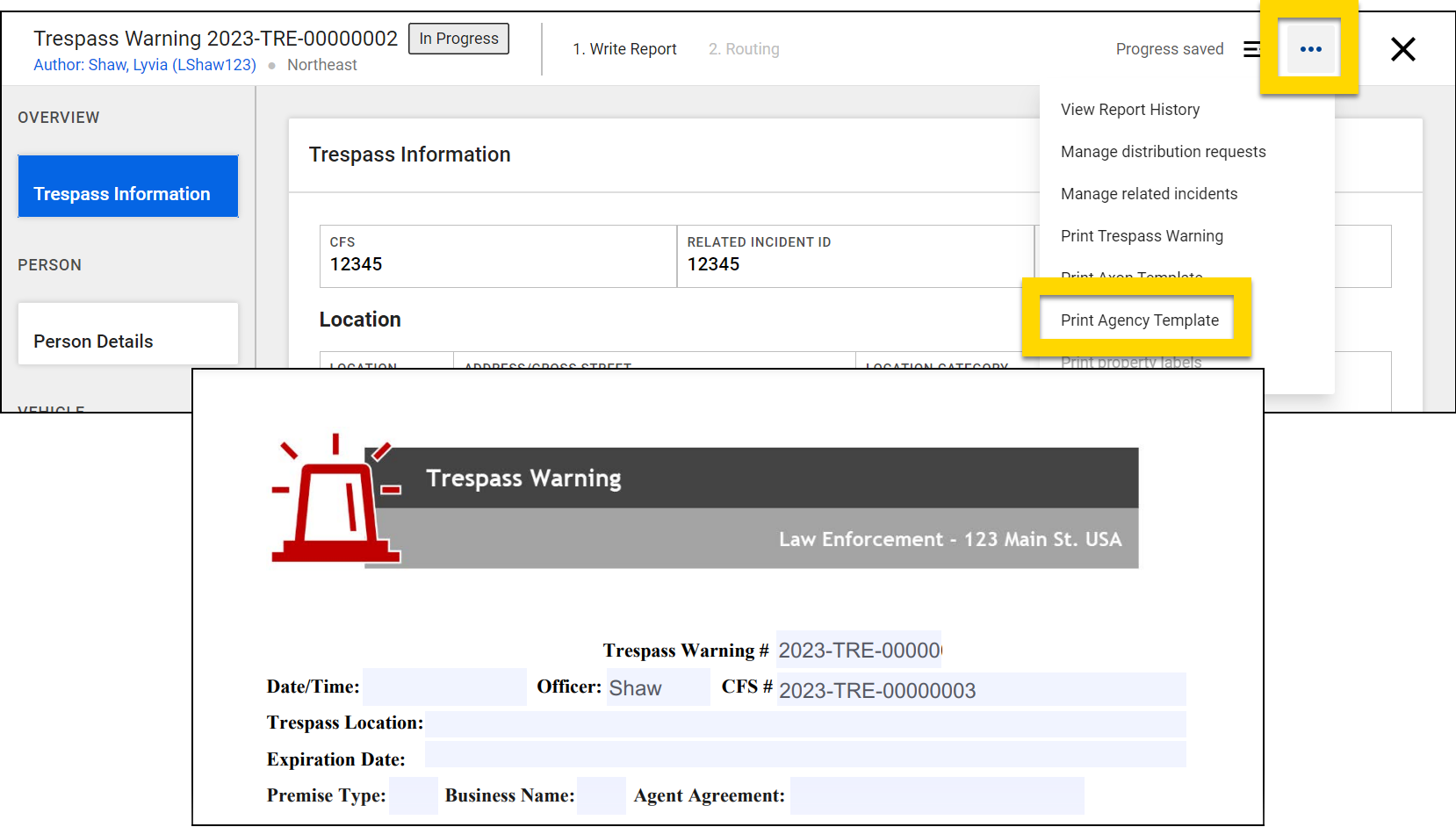 The image shows Report Writer with the top right ellipsis icon highlighted in yellow and the Print option highlighted.