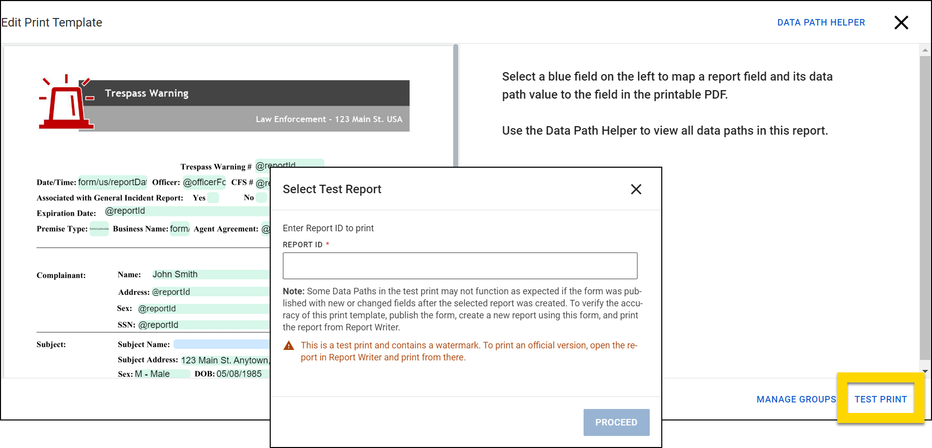 Shows how to create a test print for a print template.