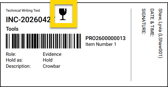 The image shows a property label with fields for role, hold type, and item description, with a yellow highlight emphasizing a fragile item icon in the upper center of the label.