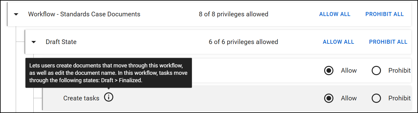 The image displays the Workflow - Standards Case Documents subcategory. Under Draft State, a privilege for Create tasks includes a tooltip that explains how reports move through the workflow.