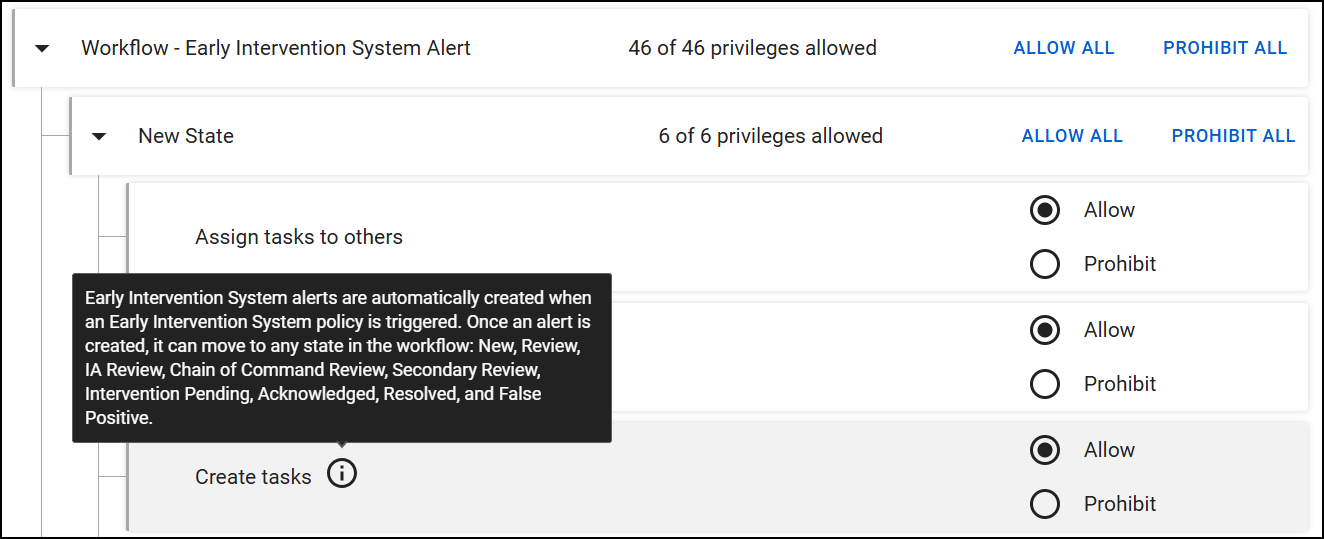 The image displays the Workflow - Early Intervention System subcategory. Under New State, a privilege for Create tasks includes a tooltip that explains how tasks move through the workflow.
