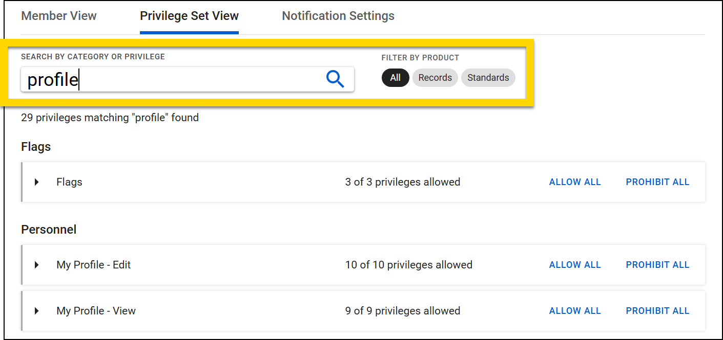 The image shows the Privilege Set View tab with a search bar at the top highlighted in yellow, where a search term has been entered. Below the search bar, the results display privileges matching the search term, grouped by category.