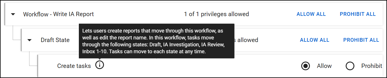 The image displays the Workflow - Write IA Report subcategory. Under Draft State, a privilege for Create tasks includes a tooltip that explains how reports move through the workflow.
