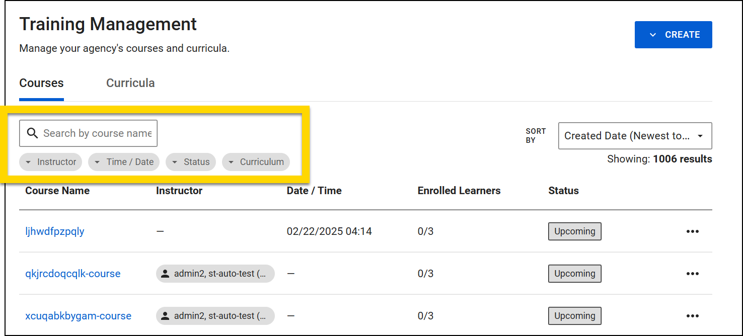 The image shows the Training Management page with the Courses tab selected. A yellow highlight emphasizes the search and filter section, which includes a search bar for course names and filter options for instructor, time/date, status, and curriculum. Below, a list of courses is displayed with details such as instructor, date/time, enrolled learners, and status.