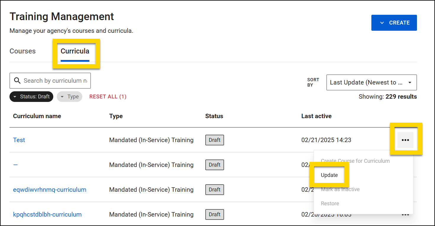 The image shows the Training Management page with the Curricula tab selected. Yellow highlights emphasize the Curricula tab, the options menu represented by three vertical dots next to a curriculum, and the Update option within the dropdown menu. The page displays a list of curriculum records with details such as name, type, status, and last active date.