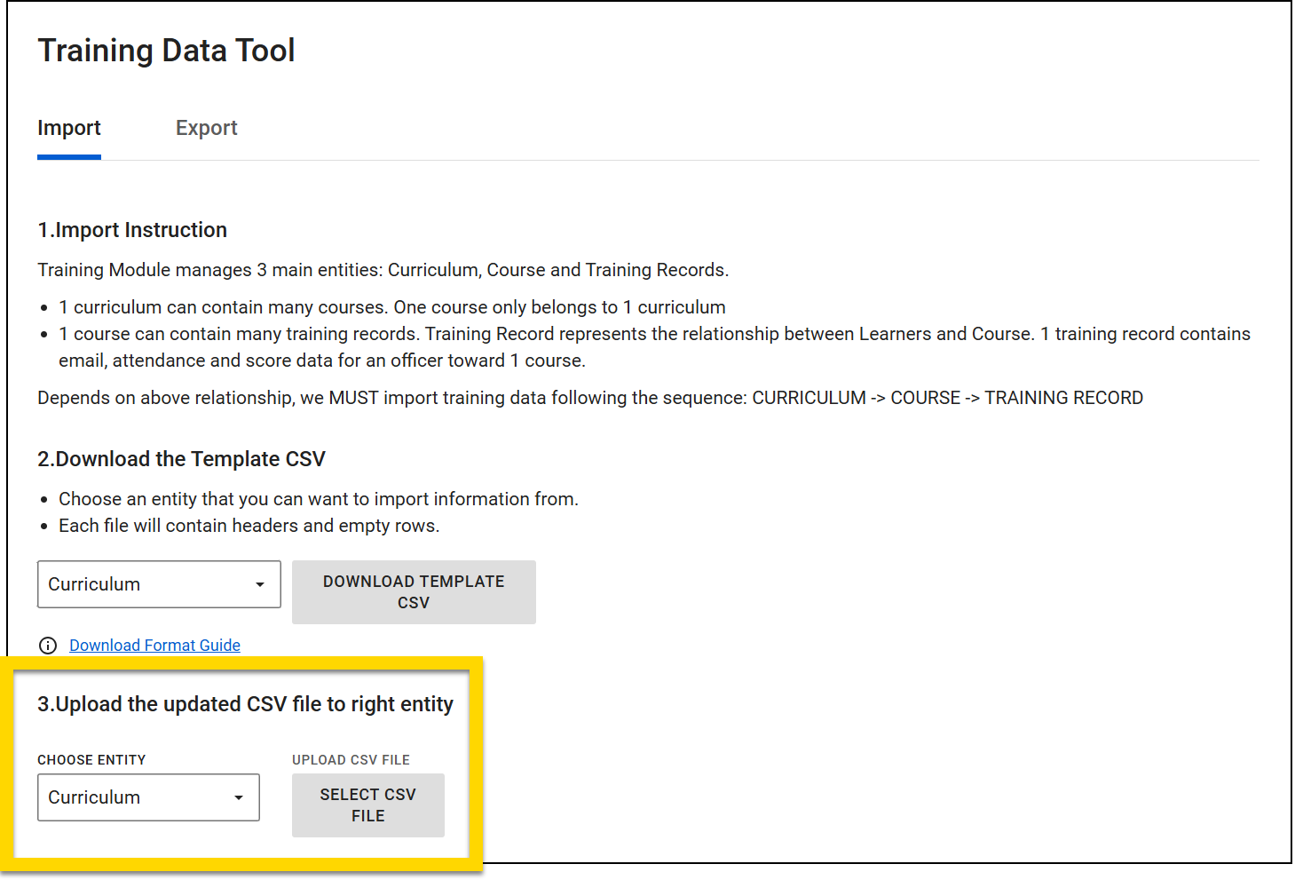 The image shows the Training Data Tool with the Import tab selected. A yellow highlight emphasizes the section for uploading the updated CSV file, where users can choose an entity and click the Select CSV File button.