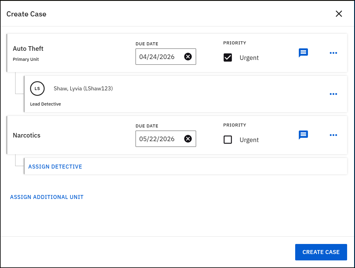 The image displays the Create case window where units and lead detectives can be assigned.