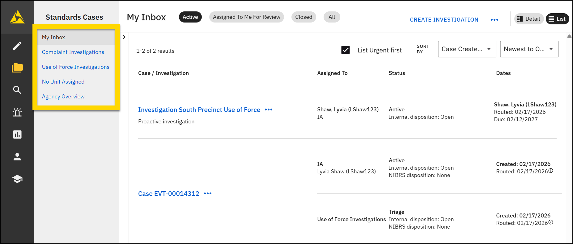 Shows the list of case inboxes in the Case Management module.