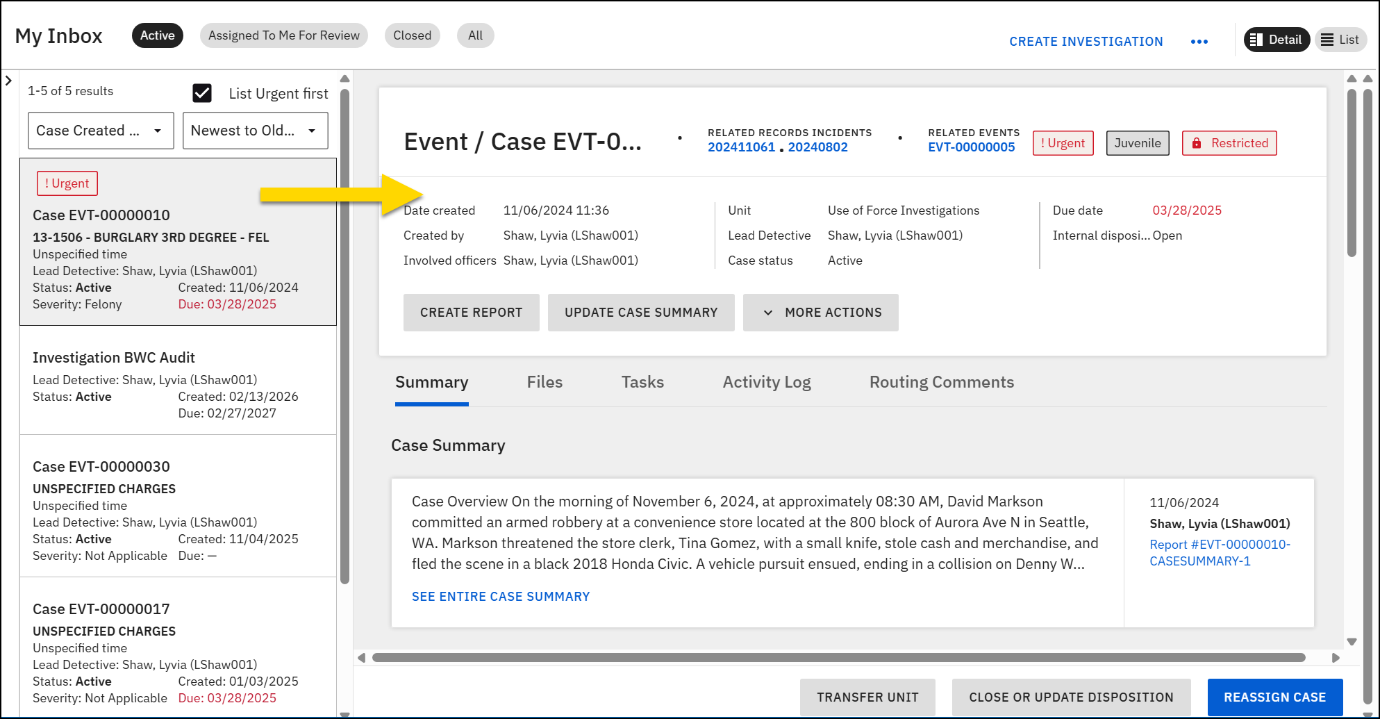 The image shows an inbox in the Case Management module with a list of cases on the left and detailed information about a selected case on the right.