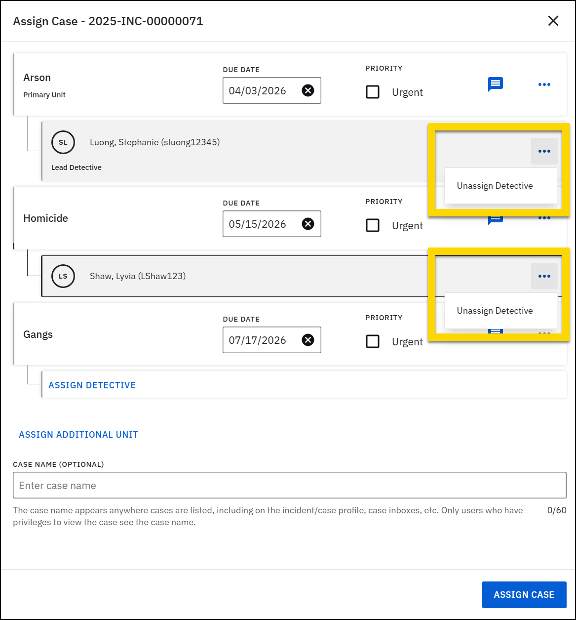 The image displays the Create case window where units and lead detectives can be assigned.