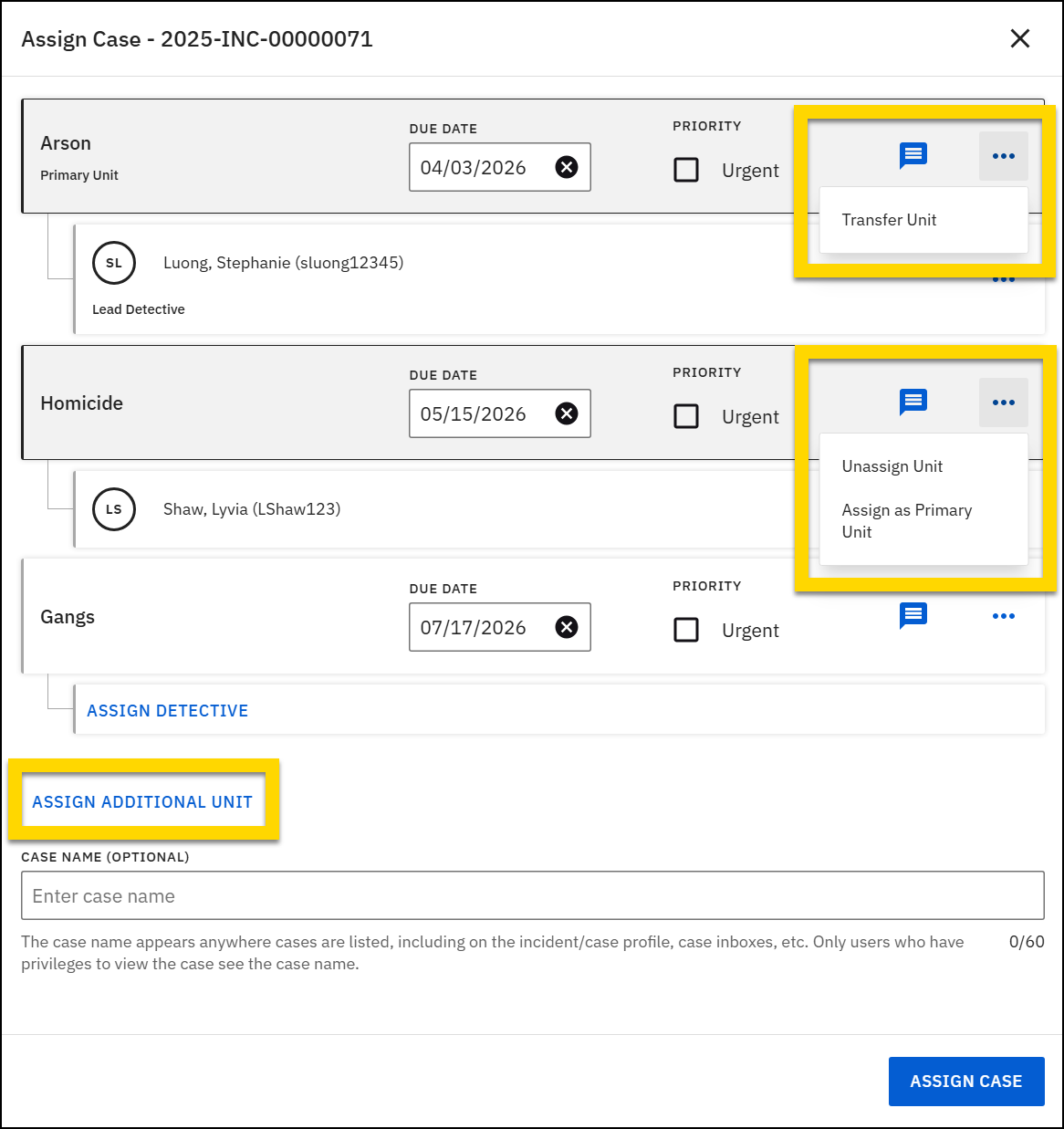 The image displays the Create case window where units and lead detectives can be assigned.