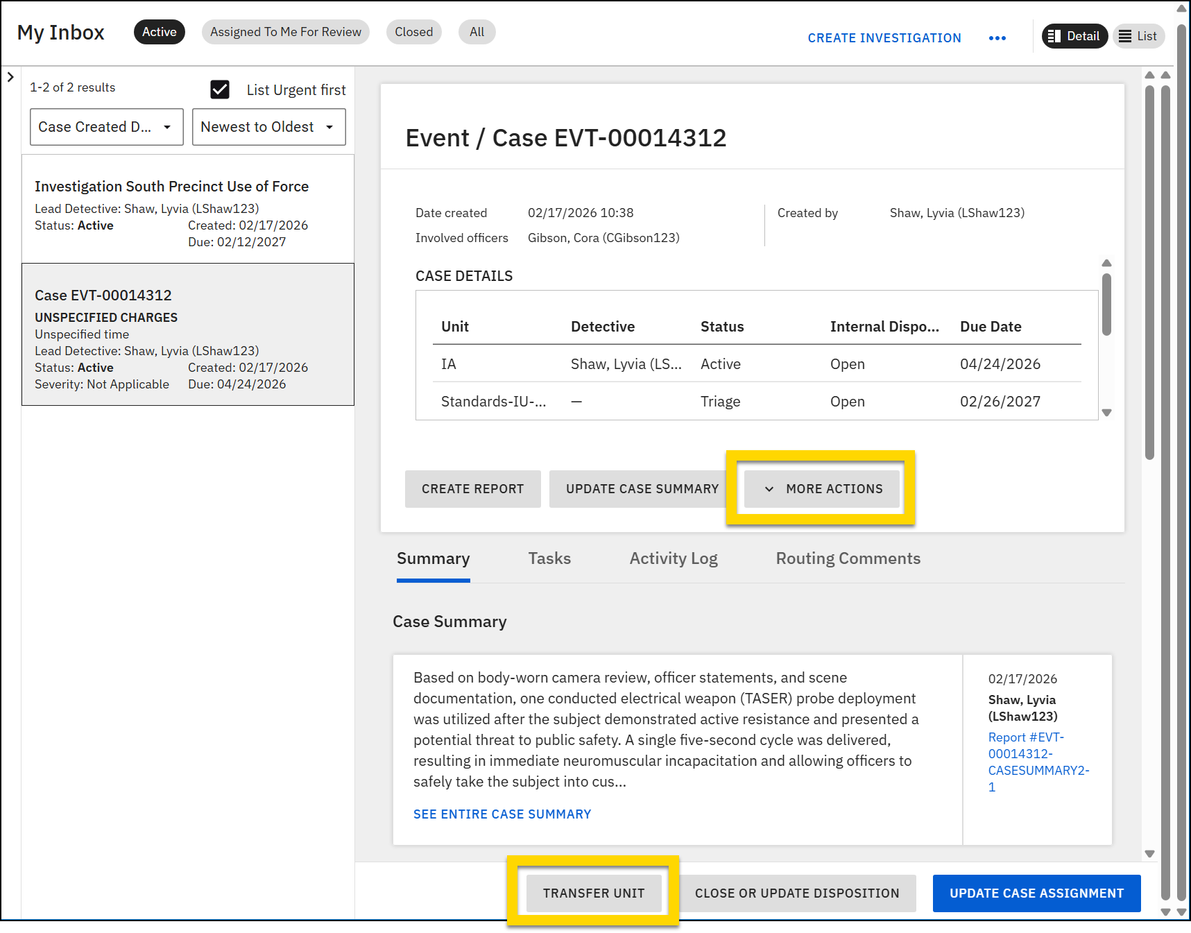 The image shows the My Inbox with a list of cases on the left and details about a selected case on the right. Case details include the date, address, assigned officers, unit, and case status. Two buttons are highlighted in yellow, More Actions and Transfer Unit.