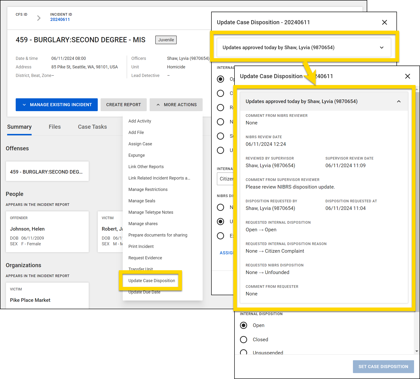Shows how to view past case disposition updates.