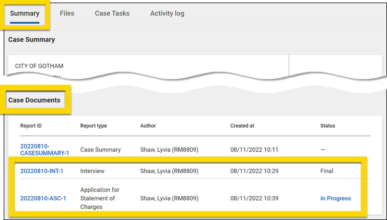 The image shows a case profile. The Summary tab is highlighted and the Case Documents section is also emphasized. A table lists documents related to the case, with a yellow highlight around specific report entries, including an interview document marked as Final and an application for statement of charges marked as In Progress.
