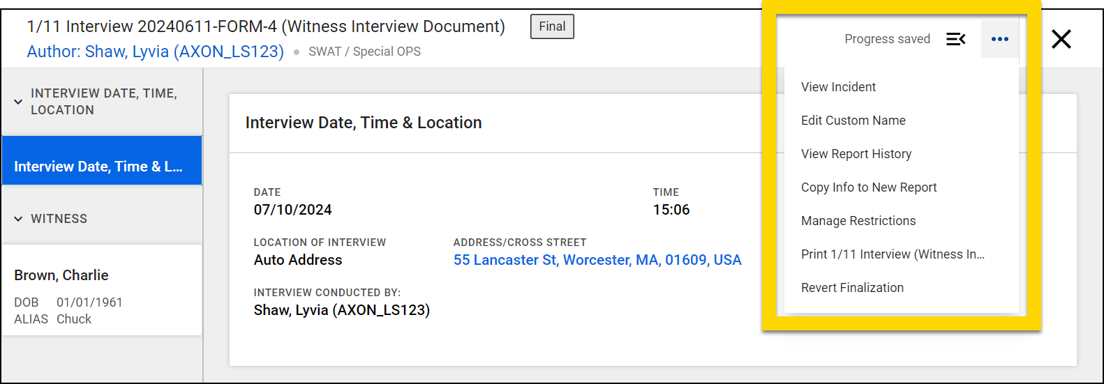 Shows how to take actions from the More Actions menu.