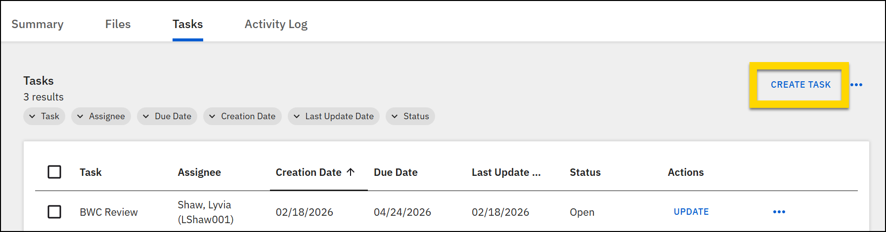 The image shows the highlighted Case Tasks tab. A table lists tasks associated with the case, including columns for Task, Assignee, Creation Date, Due Date, Last Update, Status, and Actions. A blue button labeled Create Case Task is highlighted on the right.