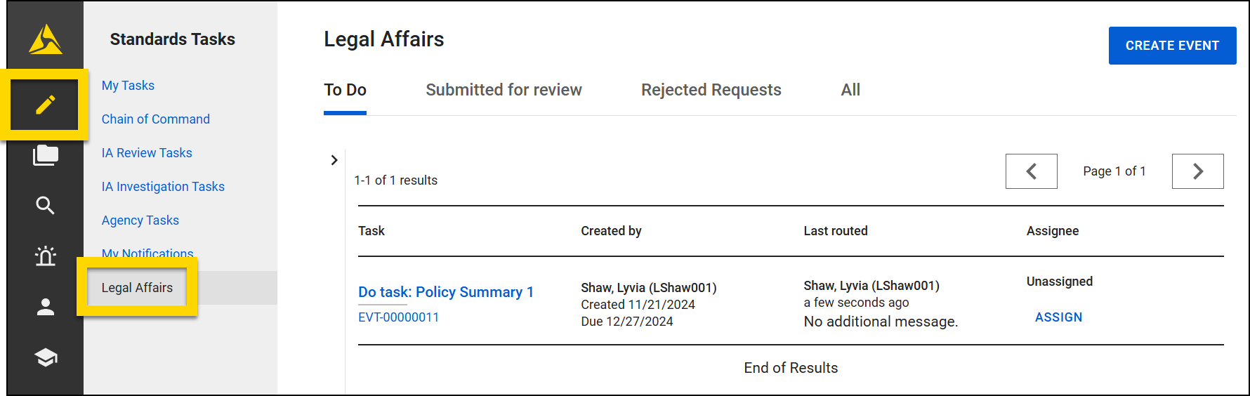 The image displays the Legal Affairs inbox in the Tasks module. A list of two tasks is shown, including details such as task name, creator, due date, last routed, and assignee. Actions like reassign or assign are available for each task. Tabs at the top allow switching between To Do, Submitted for Review, Rejected Requests, and All tasks.