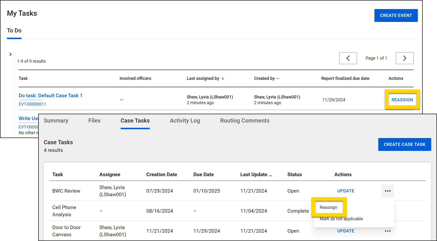 The image displays two layered screenshots. The top screenshot shows the My Tasks inbox. The Reassign option for the first task in the inbox is highlighted in yellow. The bottom screenshot, under the Case Tasks tab, lists multiple tasks with columns for task name, assignee, creation date, due date, last update, and status. The actions column includes a highlighted Reassign option.