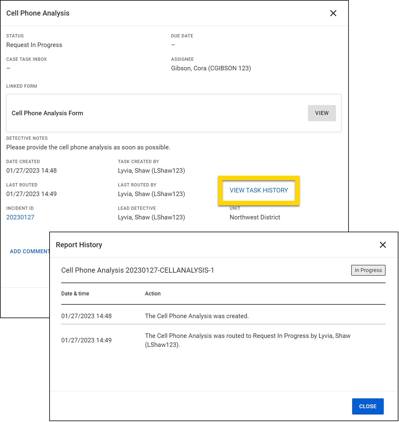 Layered screenshot highlighting the View Task History button towards the middle of the window and a view of the Report History screen.