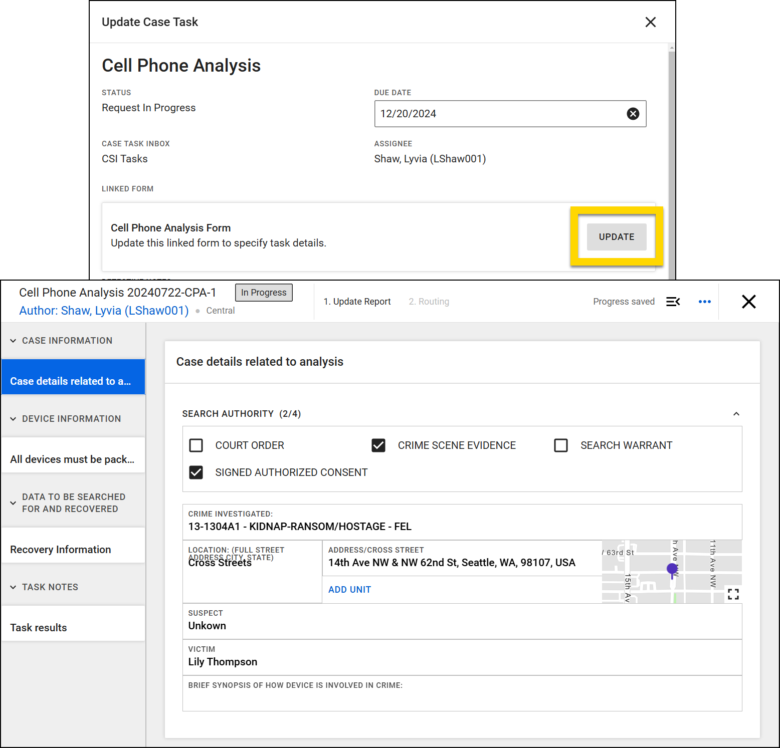 The image shows two layered screenshots for managing a cell phone analysis task. The top screenshot shows the task, with an Update button highlighted. The bottom screenshot displays details Report Writer, which contains fields related to the analysis, including search authority options, crime details, and a map of the location.