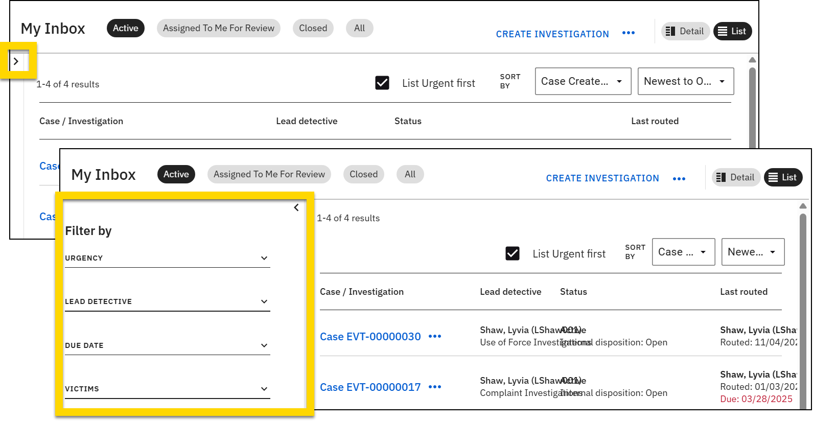 Shows where to click to reveal the case inbox filters.