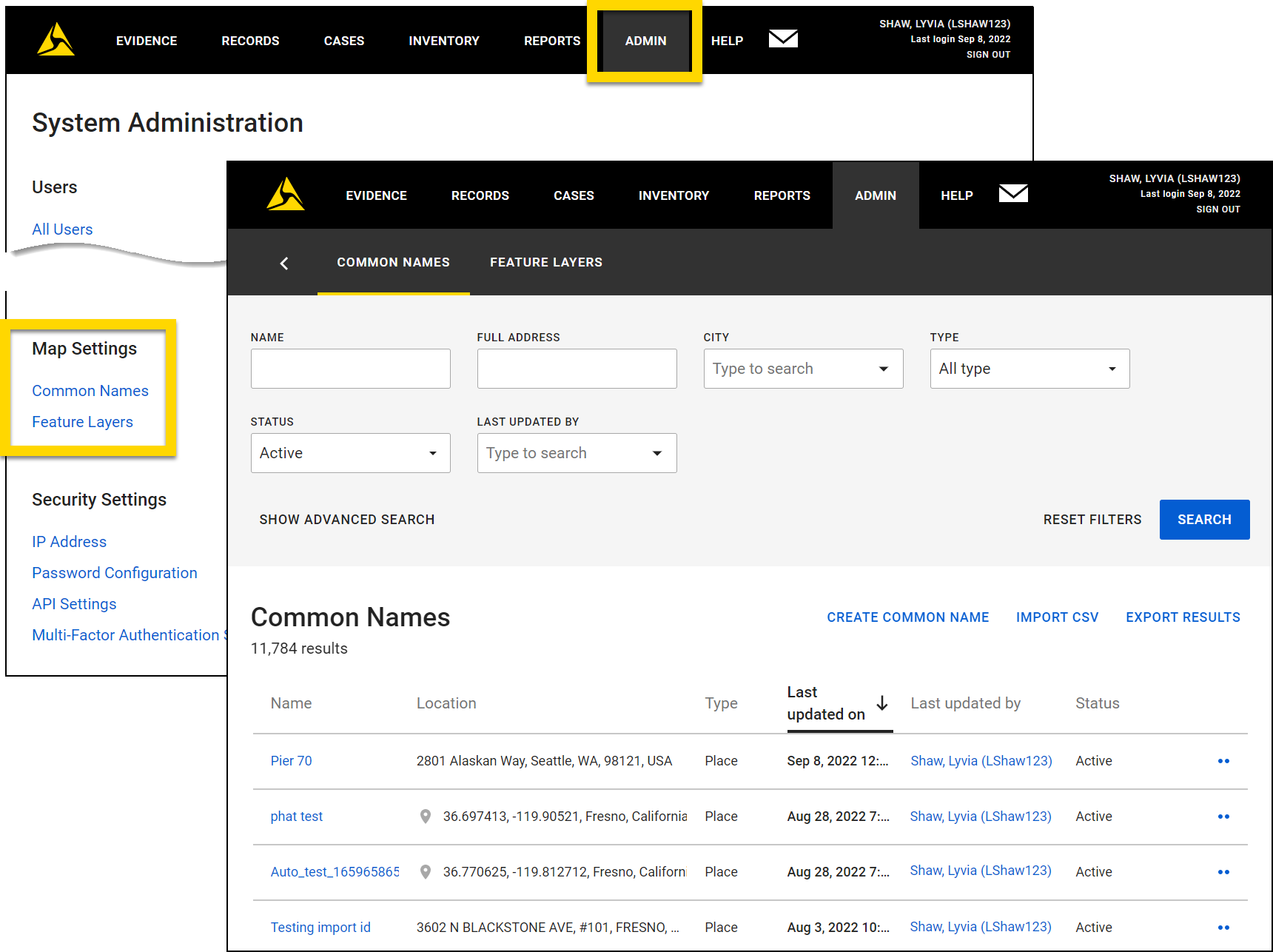 Shows how to open the Common Names settings from Axon Evidence Admin.