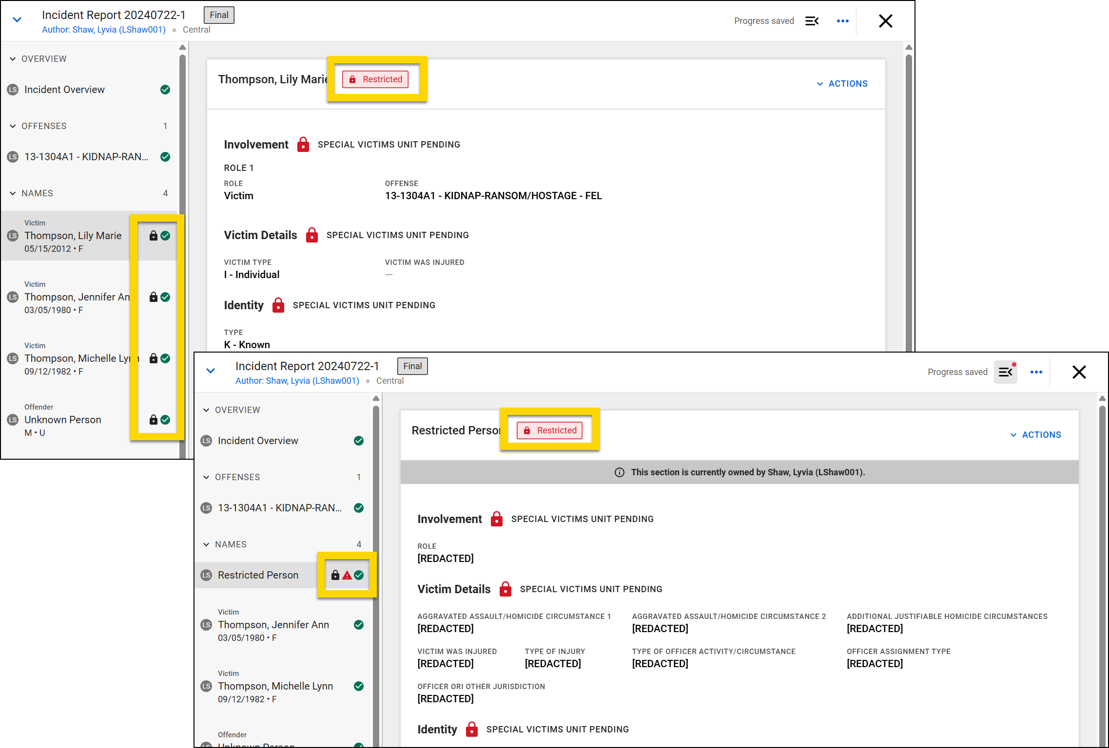 The top image shows an incident report where the person involved is marked as a restricted person, indicated by a lock icon. The bottom section shows what non-privileged users see, signified by the word redacted in brackets.