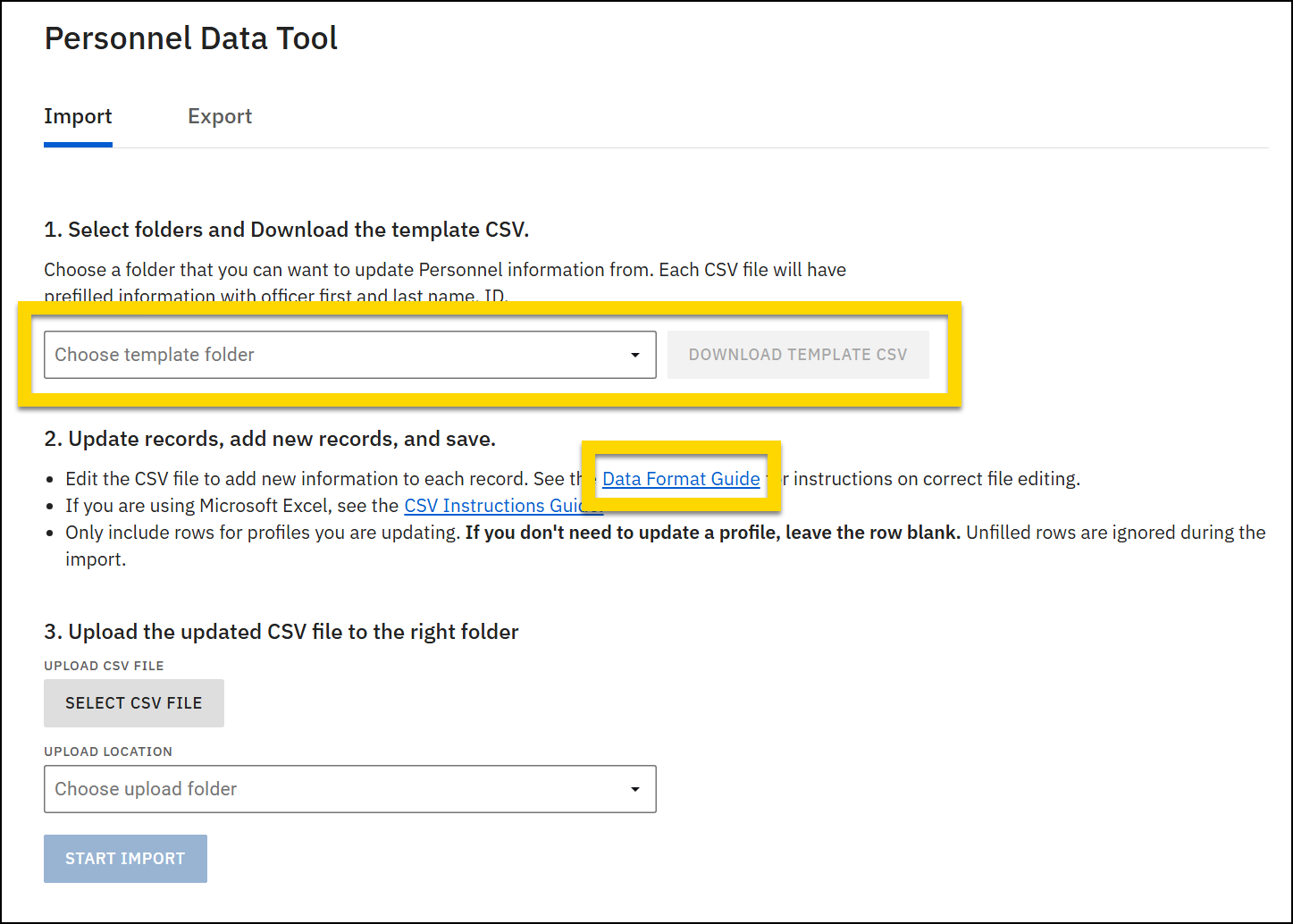 The image shows the Personnel Data Tool Import page with a yellow highlight around the template folder dropdown and the Download Template CSV button as well as the Data Format Guide.