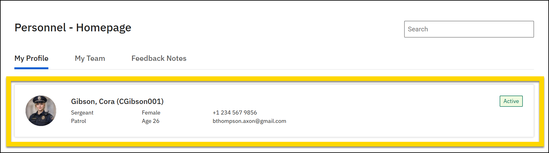 The image shows the Personnel homepage with the My Profile tab selected and a yellow highlight around a profile summary card displaying a user photo on the left, basic details in the center, and an Active status on the right.
