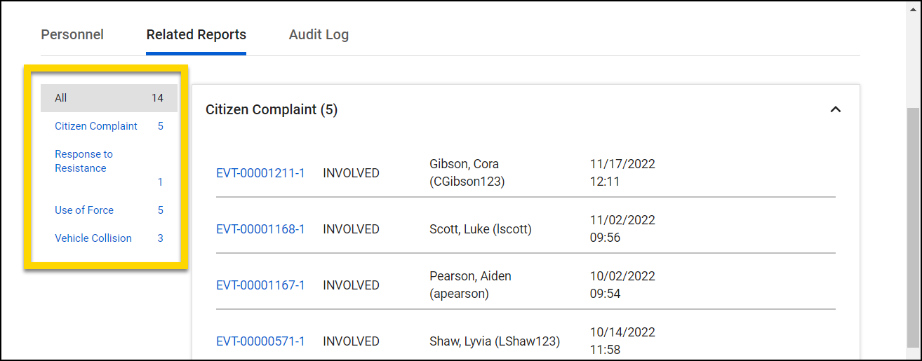 Screenshot showing the category types.