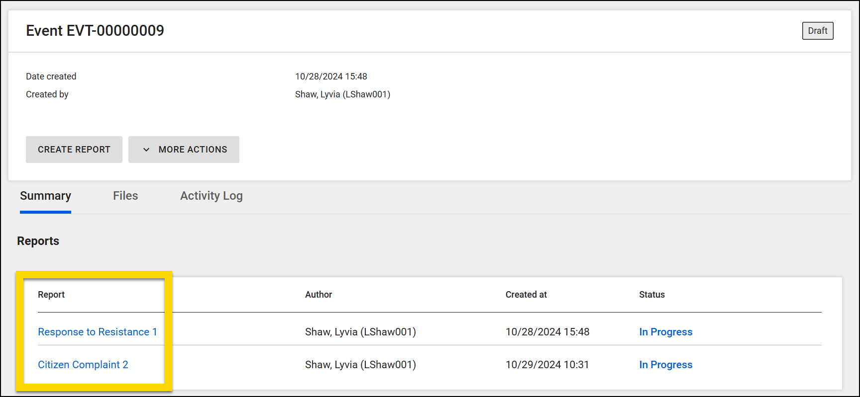 The Event profile displays the details of an event in draft status. In the Reports section, two reports are listed, with their titles highlighted in a yellow box.