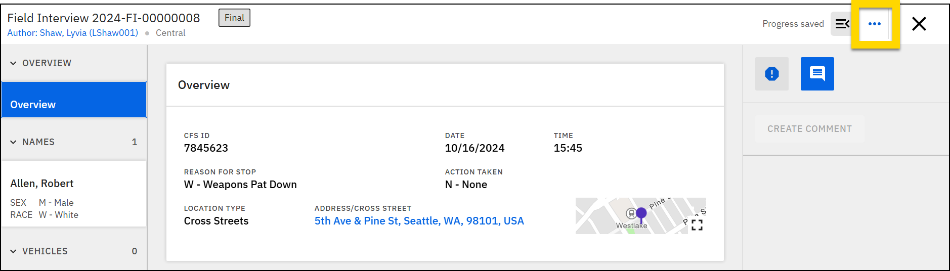 The screenshot shows a report in Report Writer with the More actions menu highlighted in a yellow box.