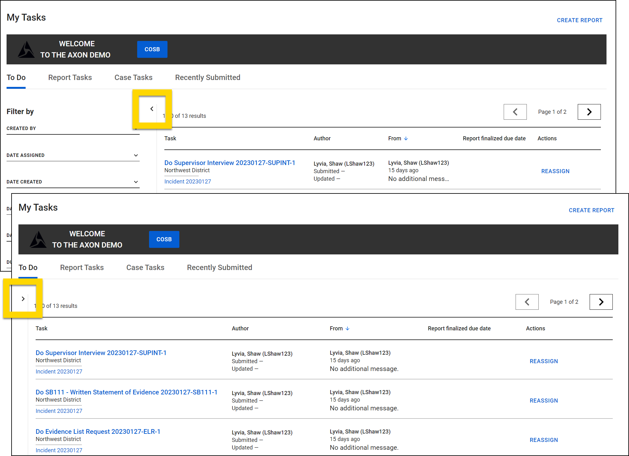 Shows how to expand and collapse inbox filters using the arrow icon on the left side of the screen.