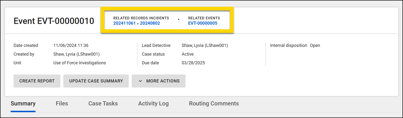The image shows an event profile for an use of force case with details such as the event date, time, location, assigned personnel, and active case status with a due date. The interface includes buttons for managing the event, updating the case summary, creating a report, and accessing more actions. A highlighted section at the very top lists related Records incidents and related Standards events, linking them to the case.
