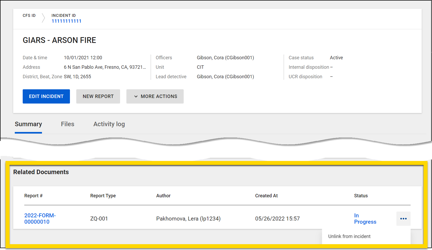 The image displays an incident profile. The incident is labeled as active, and options are available to edit the incident, create a new report, or access more actions. Tabs for summary, files, and activity logs are present, with the summary tab open. Below, a section for related documents is highlighted. It lists a report, including its number, type, author, creation date, and status, with the option to unlink the report from the incident.