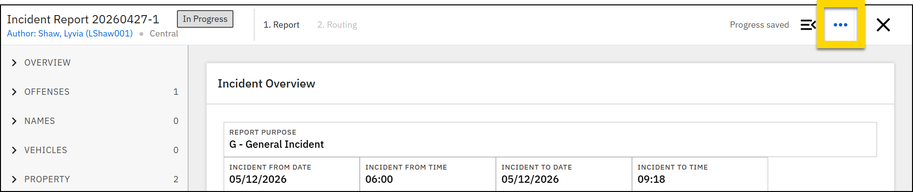 The image displays the Report Writer interface showing an overview of a report. A More Actions menu accessed via a three-dot icon in the top-right corner is highlighted in yellow.