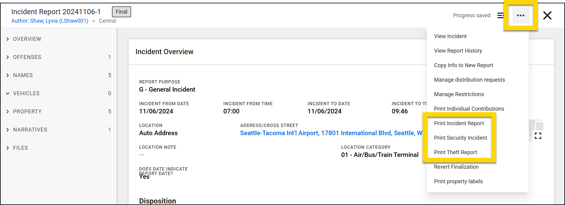 The image displays the Report Writer interface showing an overview of a report. A More Actions menu accessed via a three-dot icon in the top-right corner is highlighted, listing various Print options, which are also highlighted in yellow.