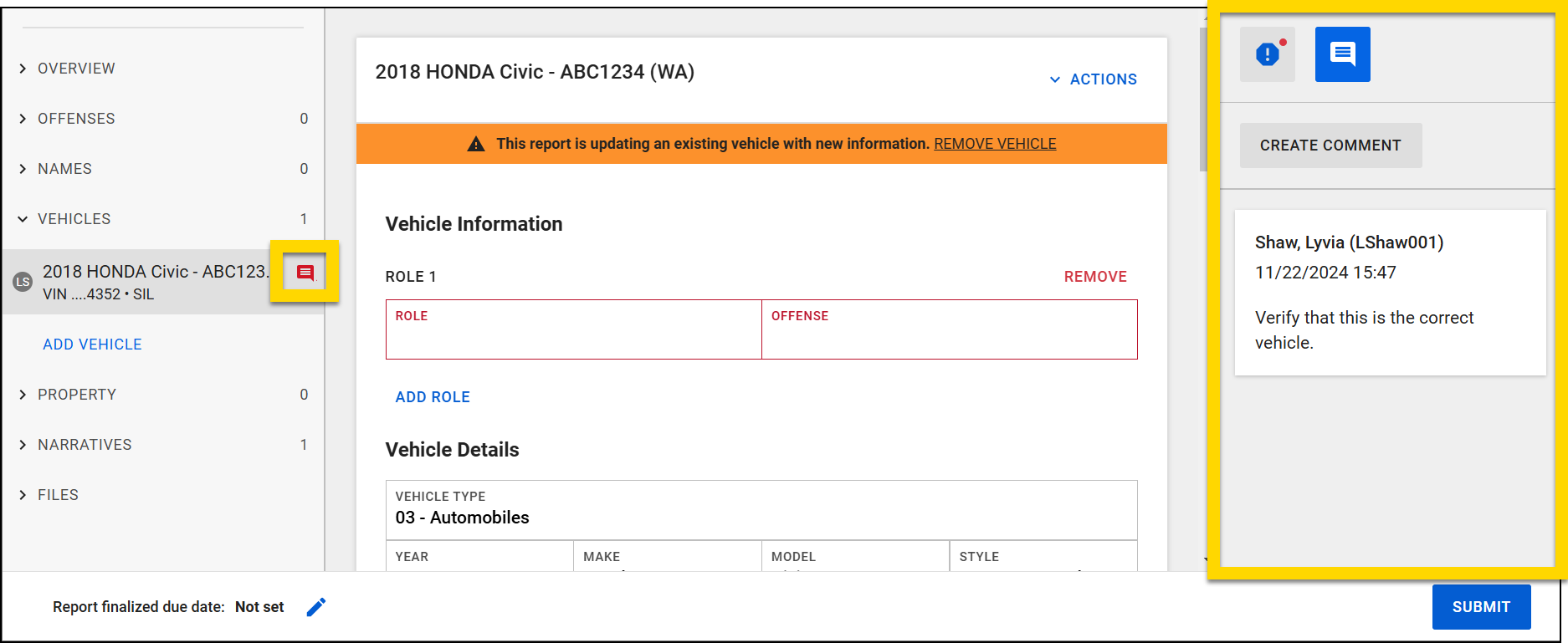 The screenshot shows the Report Writer interface open to a Vehicle section. On the left, a comment icon appears beside the Vehicle section. On the right, the comment panel is visible with a Create Comment button and an existing comment.