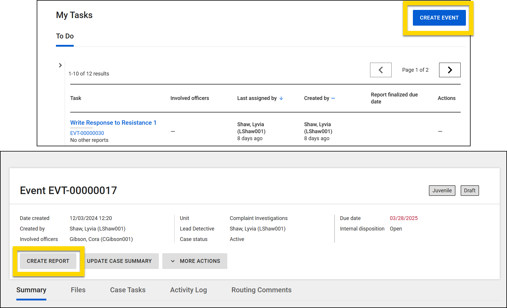 The image shows two parts of Axon Standards with the Create Event and Create Report buttons highlighted in each.