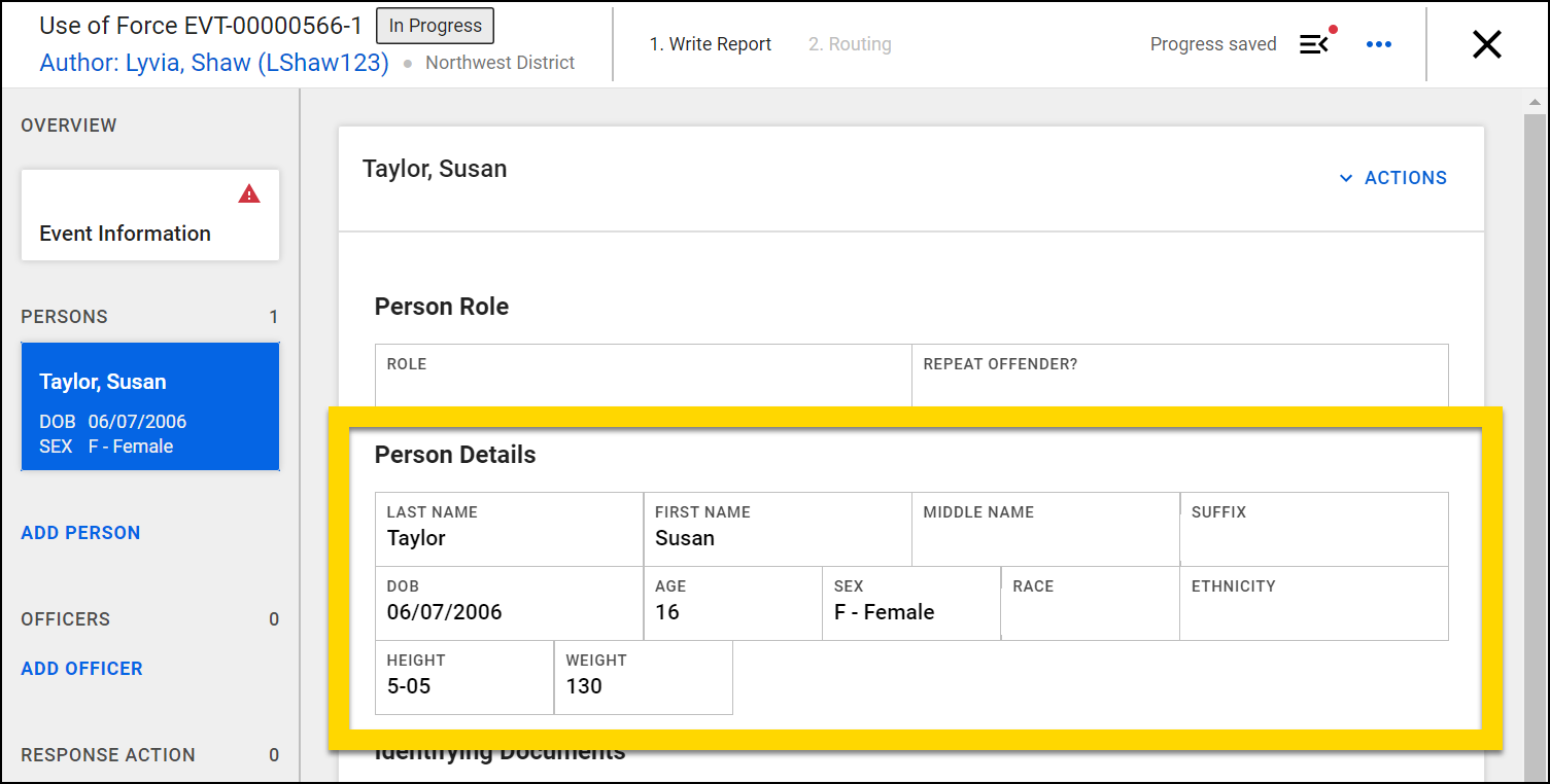 Screenshot showing the Person Details imported.