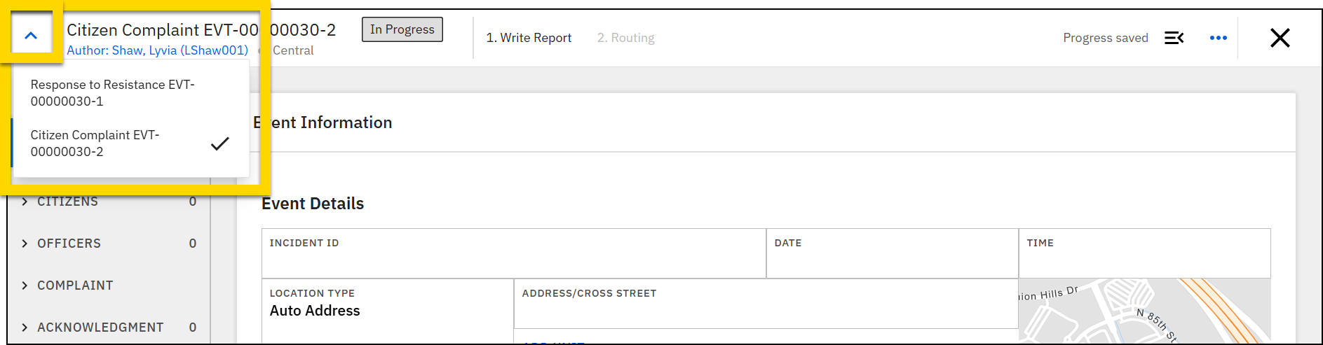 The image shows Report Writer with a report review in progress. The yellow highlight emphasizes a dropdown menu in the top left corner that lists multiple reports related to the same event.